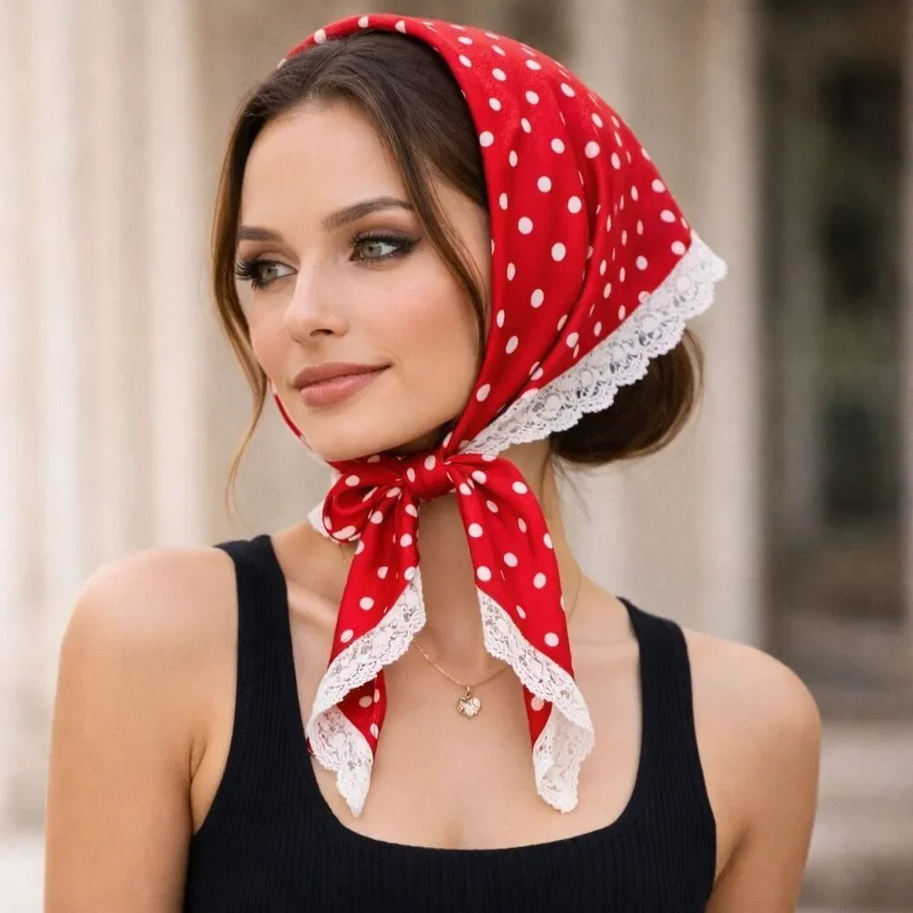 For Love & Lemons Polka Dot Scarf Red Lace Trim Silk Head Neck Square UO New